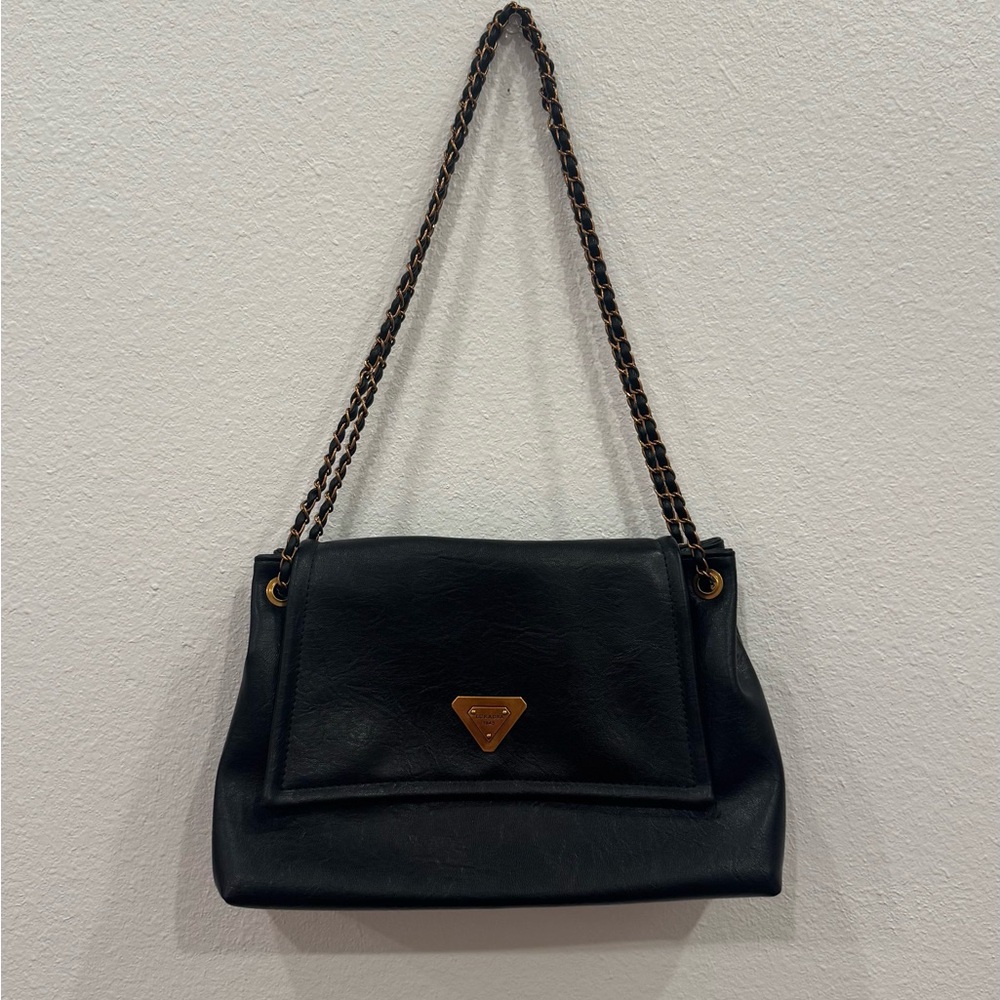 Chic Black Leather Shoulder Bag with Gold Detail
